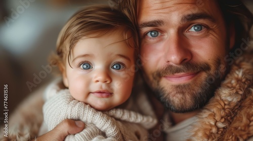  A man tightly holds a baby with blue eyes, wearing a fur coat slung over his shoulders, and a sweater on top