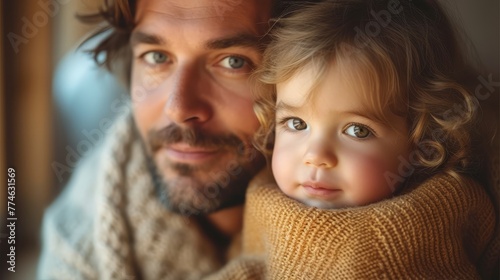  A man holds a little girl in a sweater, gazing seriously at the camera