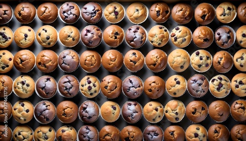 View from above of a variety of different tastes muffins, vhocolate, chips, cocoa, vanilla, nuts, isced sugar, cream ones, aerial view