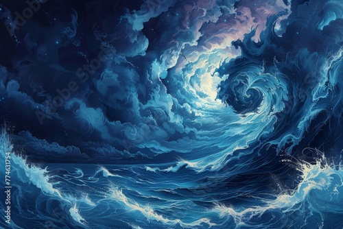  A large wave painting, set amidst a body of water, featuring an expansive sky dotted with clouds and studded with stars
