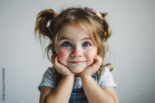 Portrait of a cute little girl with blue eyes on gray background