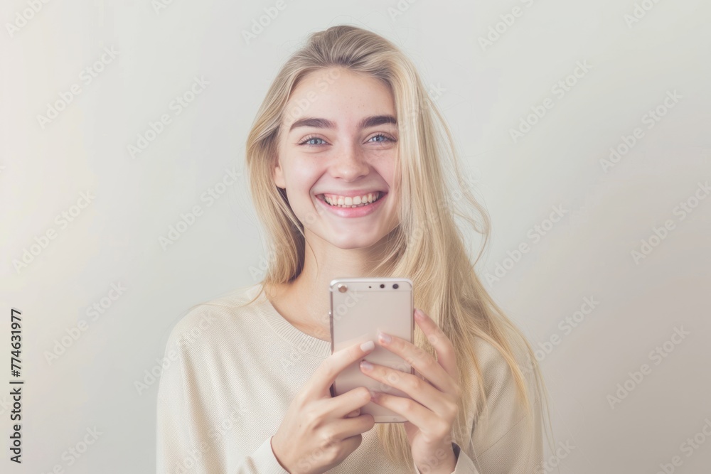 A radiant young woman with a joyful smile engaging with her smartphone, capturing the casual ease of digital connection. A radiant young woman with a joyful smile engaging with her smartphone, capturing the casual ease of digital connection.