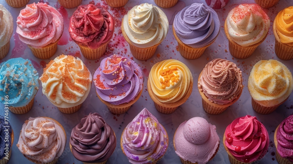   A collection of cupcakes, each adorned with distinctly colored frosting, sits on the table
