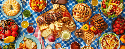 A variety of summer picnic foods like grilled meats, salads, pies, cakes, and sandwiches