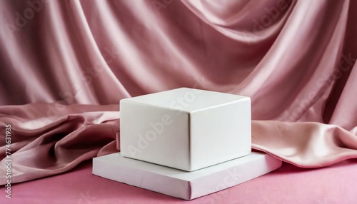 Chic Presentation: White Pedestal on Satin Pink Background