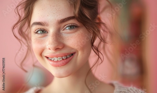 Her eyes sparkle with delight, complementing the metallic glint of braces that promise a future of radiant smiles.