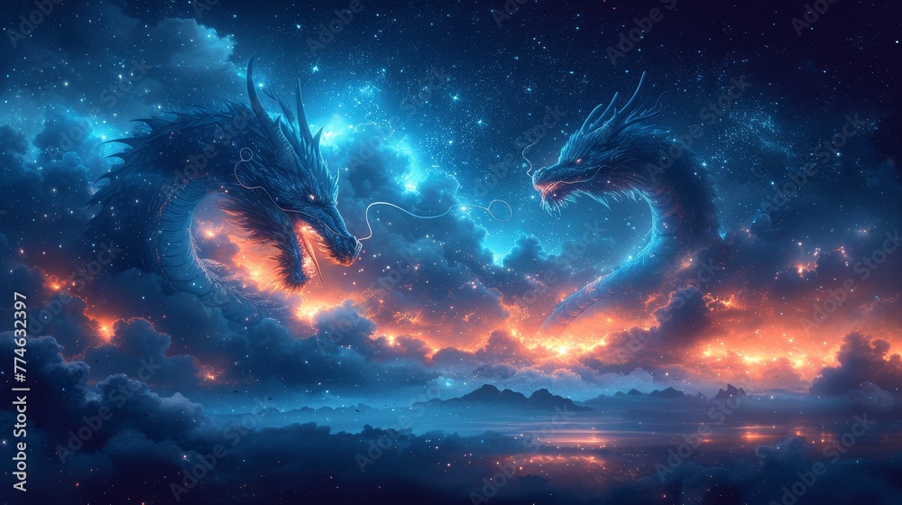   A pair of stunning dragons soaring through the star-studded night sky above a vast expanse of water