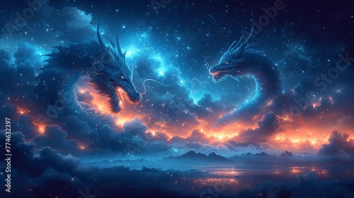  A pair of stunning dragons soaring through the star-studded night sky above a vast expanse of water