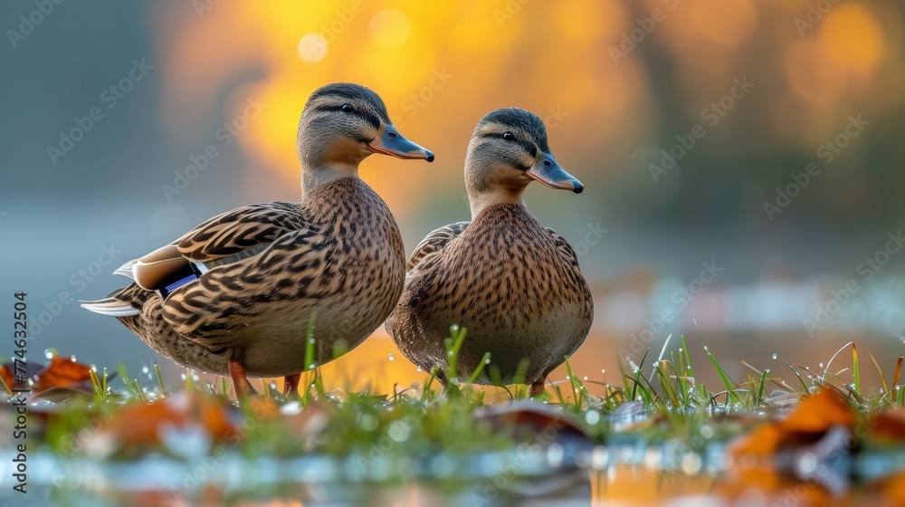 Two ducks positioned side by side atop a grassy field, bordering a water body Two ducks positioned side by side atop a grassy field, bordering a water body