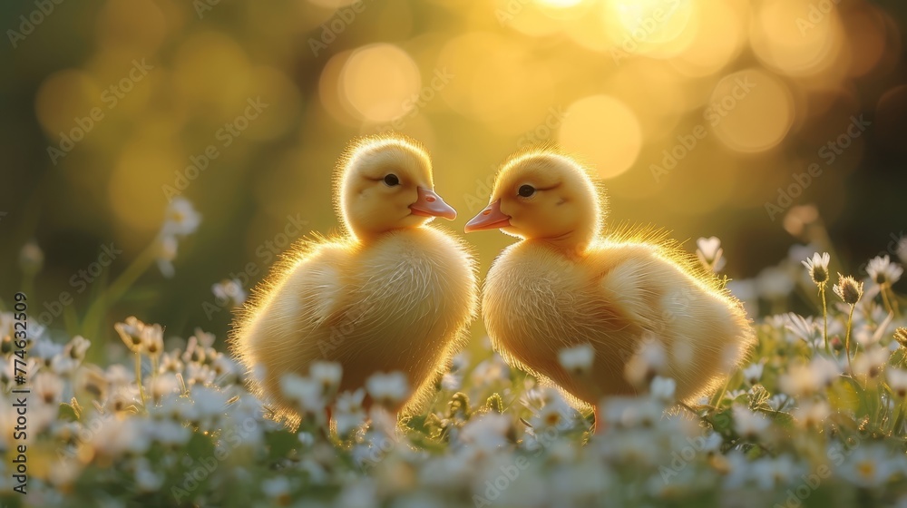   Two small ducks positioned side by side atop a lush grass and flower field, basking in the sunlight