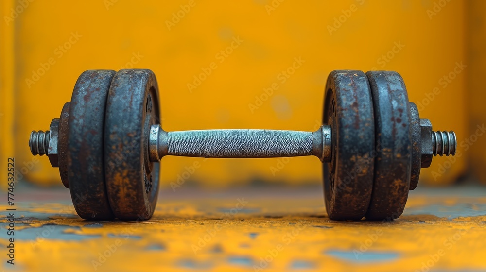 A pair of dumbbells rests before a yellow-blue wall with peeling paint A pair of dumbbells rests before a yellow-blue wall with peeling paint