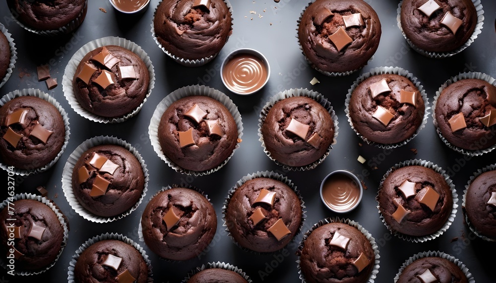 Multitude of cocoa muffins with chocolate chips, view from above Multitude of cocoa muffins with chocolate chips, view from above