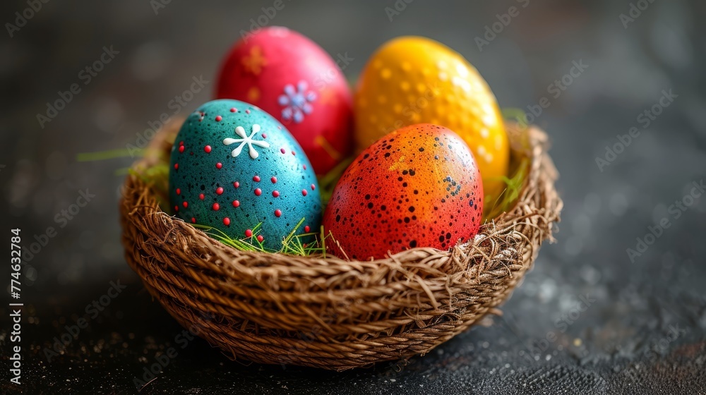   A black table holds a basket brimming with multicolored Easter eggs Nearby, a green leafy plant adds vibrancy