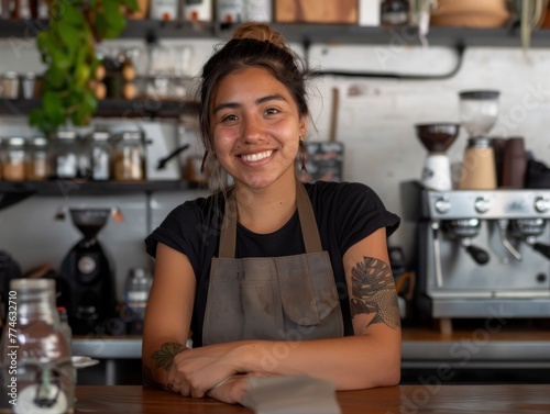 A cheerful young Hispanic Latin woman with a warm smile, working in a vibrant cafe environment, eagerly prepared to serve customers delicious coffee