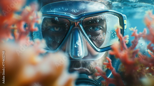 man wearing diving mask with equipment swims in ocean dot close up portrait of man looking at camera through colored coral reefs photo