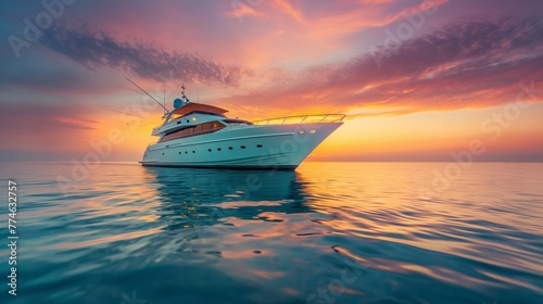 A chic white cruise ship sails in the open ocean at sunset. The point is an expensive exclusive vacation with entertainment on a boat. the best way to spend your holiday at sea