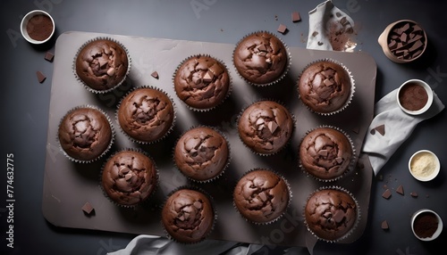 Aerial view of a multitude of chocolate muffins
