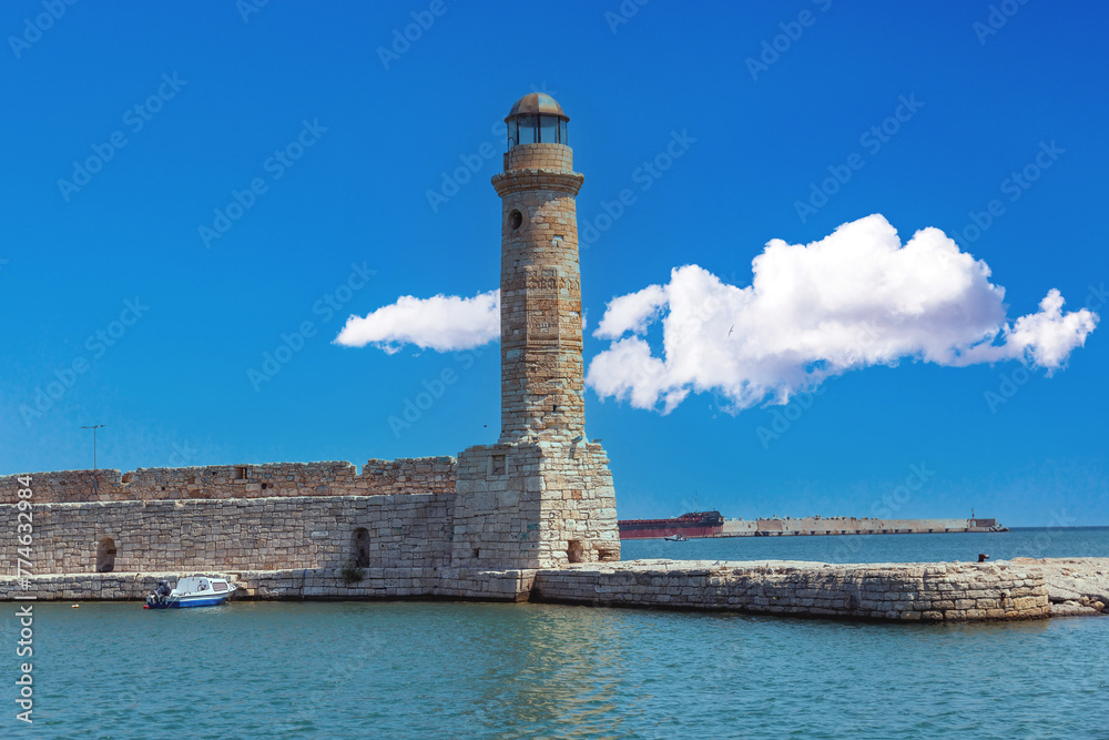Iconic Egyptian Lighthouse at Old Venetian Port of Rethymno, Crete island destination Greece.