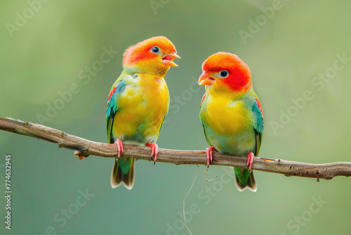 Colorful European bee-eaters sitting on a branch and arguing against a green background © Kien