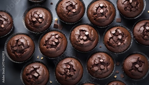 Aerial view of a multitude of chocolate muffins