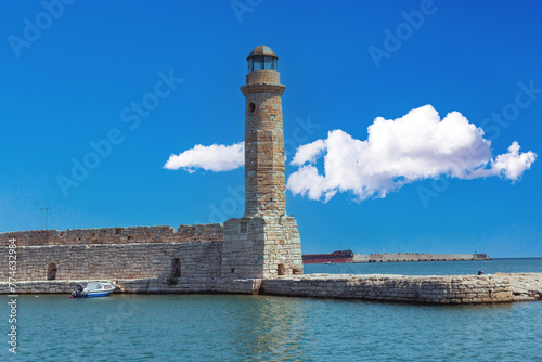 Iconic Egyptian Lighthouse at Old Venetian Port of Rethymno, Crete island destination Greece.
