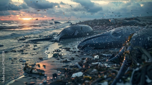 The beach next to the sea has dead whales stranded and garbage. world ocean day world environment day Virtual image photo