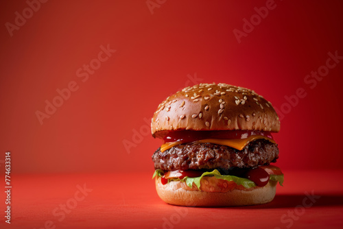 Juicy Cheeseburger on a Red Background © liamalexcolman