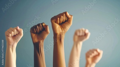 A diverse group of individuals standing and raising their hands in the air together