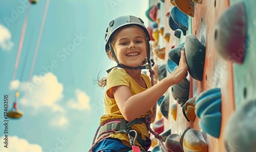 A Child girl sports exercises climbing on climbing wall