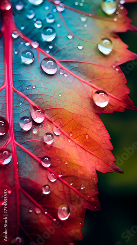 Abstract macro closeup of fresh raindrops on autumn leaves photo
