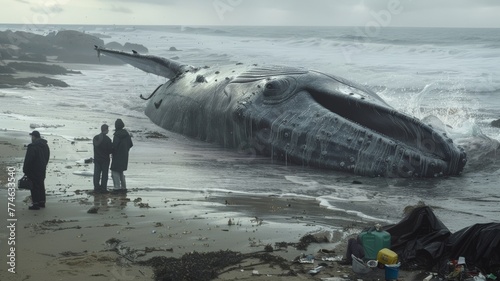 The beach next to the sea has dead whales stranded and garbage. world ocean day world environment day Virtual image photo