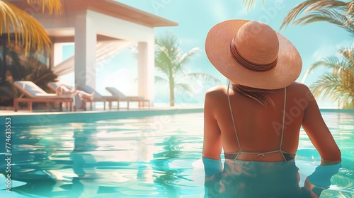 A girl in a hat walks into the pool of a private villa. A private holiday with no one around. A rich woman can afford a luxury vacation with good service photo