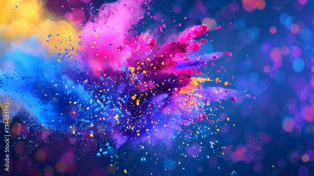 Vibrant blue, purple, and yellow holi paint powder exploding into the air in a dynamic display of color and movement