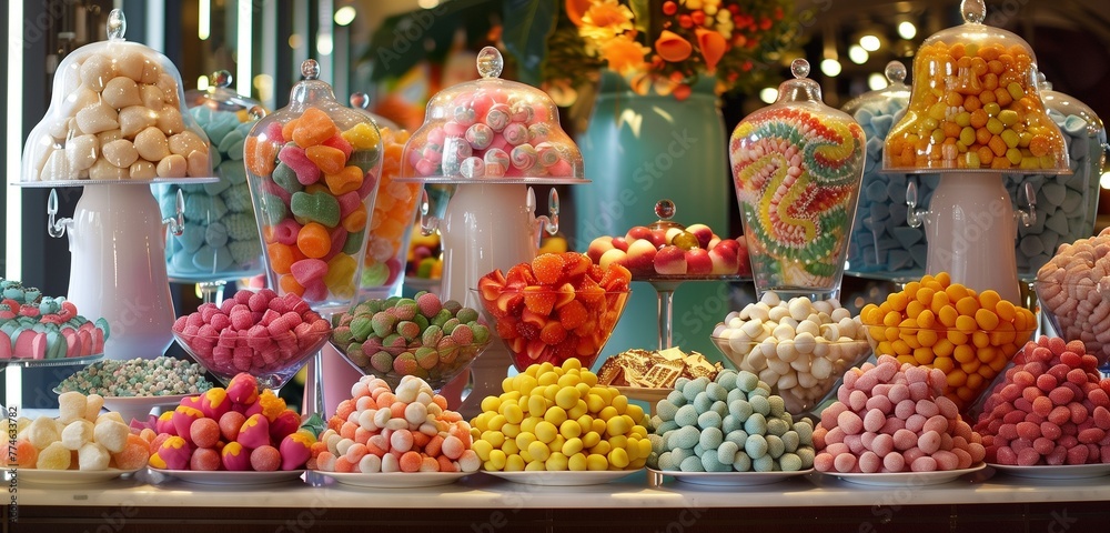 A colorful candy bar buffet offers a tempting array of sweets and treats for indulgence.