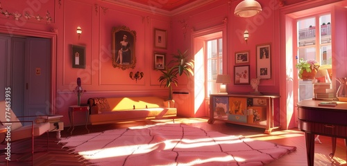 Sunlight filters through pastel curtains, illuminating a tastefully decorated pink room with timeless elegance.  photo