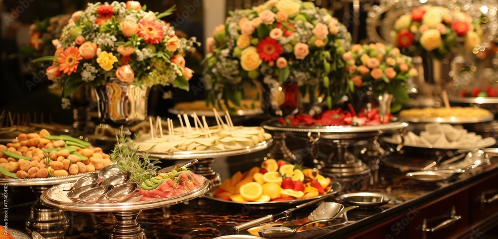 Glistening dishware and pristine table settings adorn a buffet, creating an inviting atmosphere for guests. 
