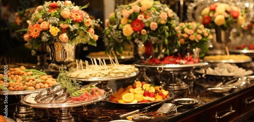 Glistening dishware and pristine table settings adorn a buffet  creating an inviting atmosphere for guests. 