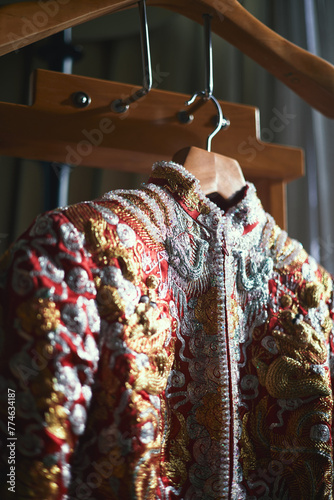 Chinese Wedding Costumn, An ornate jacket with intricate embroidery hangs on a wooden hanger, illuminated by natural light. photo