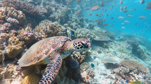 Turtle carries a plastic bag near coral and underwater animals. world ocean day world environment day Virtual image © Tong
