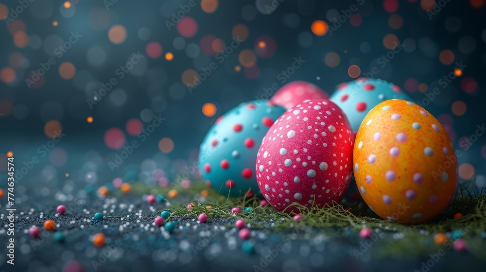 A collection of vivid eggs atop a green grassy surface, adorned with sprinkles A collection of vivid eggs atop a green grassy surface, adorned with sprinkles