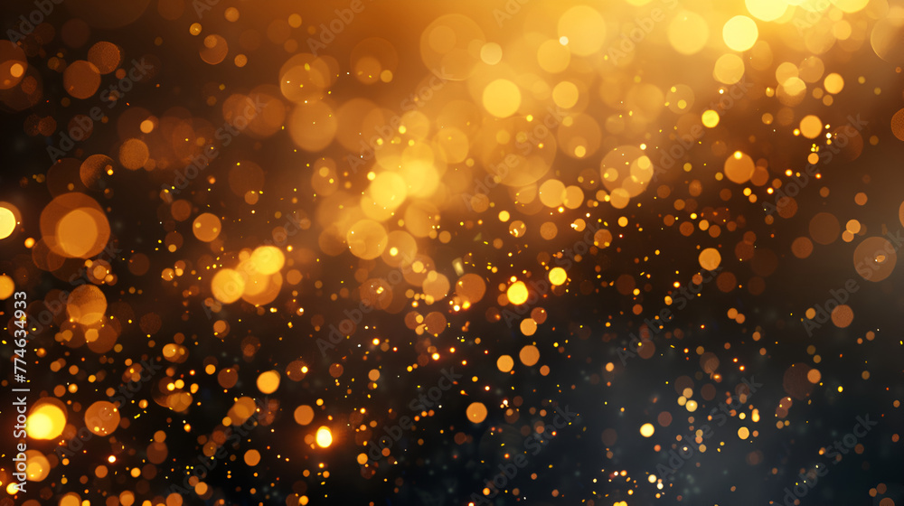 Golden abstract sparkles or glitter lights. Festive gold background. Defocused circles bokeh or particles. Template for design,Blurred Yellow Lights on Black Background - Abstract Light Photography

