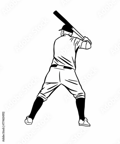 back view, Black and white vector graphic of baseball player swinging bat, simple design, bold lines, solid color background, no shadow details, cartoon style  Ai generative 