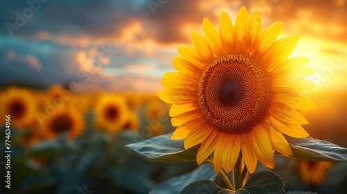   Sunflower amidst field, cloudy sky backdrop; sun filters through clouds, casting intermittent light