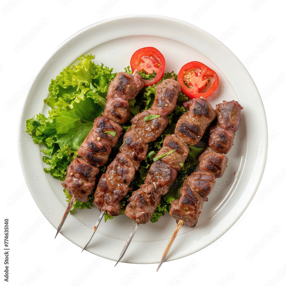 Grilled kabab on white plate isolated on transparent background