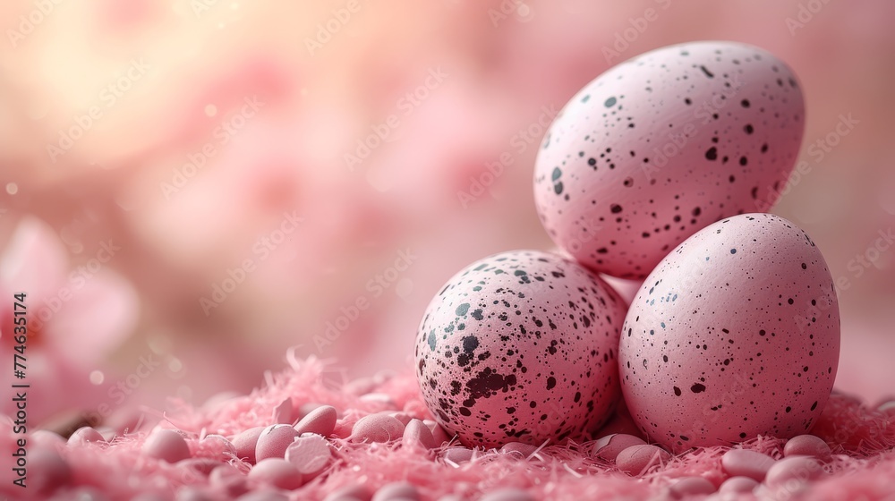 Three speckled eggs atop a mound of pink and white eggs Three speckled eggs atop a mound of pink and white eggs