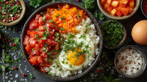  A table holds a bowl of rice, carrots, and an egg atop it Nearby sit additional food-filled bowls