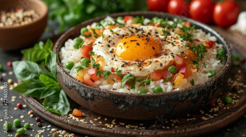  A wooden bowl holds rice, garnished with an egg atop a mound of tomatoes and green onions