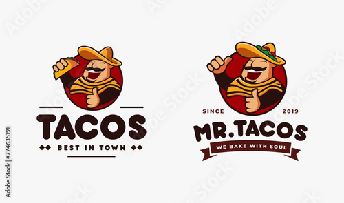 Sombrero hat Mexican tacos restaurant logo mascot hipster vintage retro character cartoon illustration