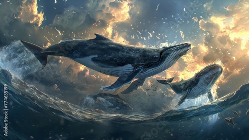 Whales come up to play on the surface of the sea. world ocean day world environment day Virtual image