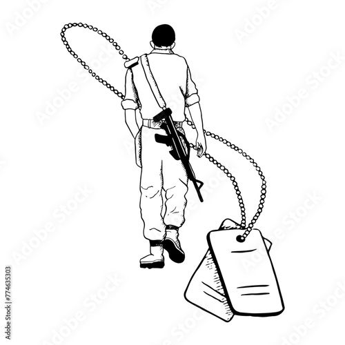 Walking soldier of military army forces with assault rifle and personal number tags black and white vector illustration for patriotic holidays, memorial day, Holocaust Remembrance and Independence Day